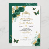 Emerald Green & Gold Floral Butterfly Quinceñera Einladung (Vorne/Hinten)
