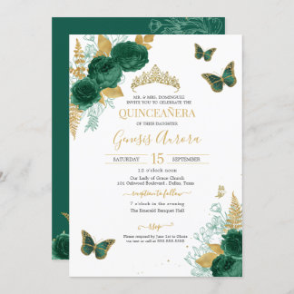 Emerald Green & Gold Floral Butterfly Quinceñera Einladung