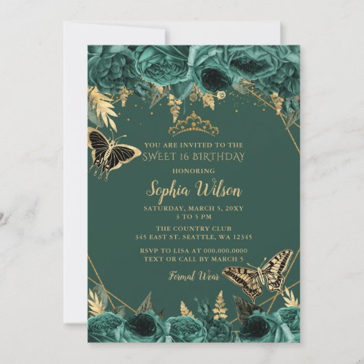Emerald Green Gold Floral Butterfly Sweet 16 Einladung (Vorderseite)