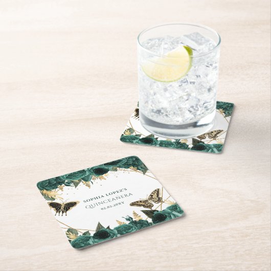 Emerald Green Gold Floral Elegante Quinceanera Rechteckiger Pappuntersetzer (Vor Ort)