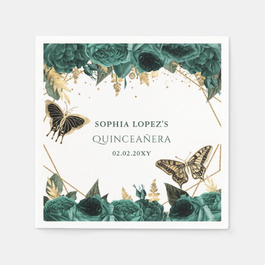 Emerald Green Gold Floral Elegante Quinceanera Serviette (Vorderseite)
