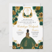 Emerald Green & Gold Floral Elegantes Quinceñera Einladung (Vorderseite)