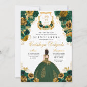 Emerald Green & Gold Floral Elegantes Quinceñera Einladung (Vorderseite)