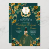 Emerald Green & Gold Floral Elegantes Quinceñera Einladung (Vorne/Hinten)
