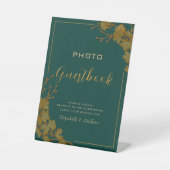 Emerald Green & Gold Floral Foto Guestbook Sockelschild (Vorderseite)