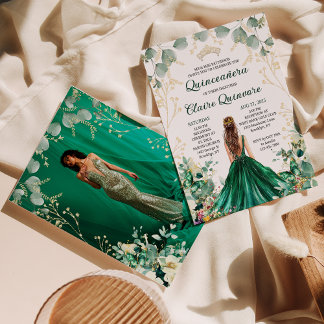 Emerald Green Gold Floral Foto Quinceanera Einladung