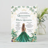 Emerald Green Gold Floral Foto Quinceanera Einladung (Stehend Vorderseite)