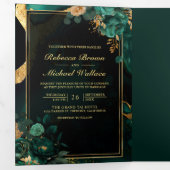 Emerald Green Gold Floral Marble QR Code Hochzeit Dreifach Gefaltete Einladung (Innen Erste Seite)