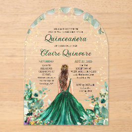 Emerald Green Gold Floral Princess Quinceanera Acryleinladungen