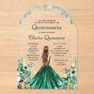 Emerald Green Gold Floral Princess Quinceanera Acryleinladungen