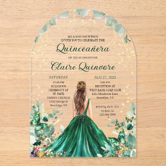 Emerald Green Gold Floral Princess Quinceanera Acryleinladungen (Vorderseite)