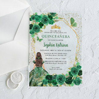 Emerald Green Gold Floral Princess Quinceañera Acryleinladungen