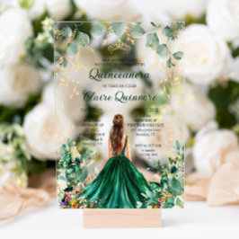 Emerald Green Gold Floral Princess Quinceanera Acryleinladungen