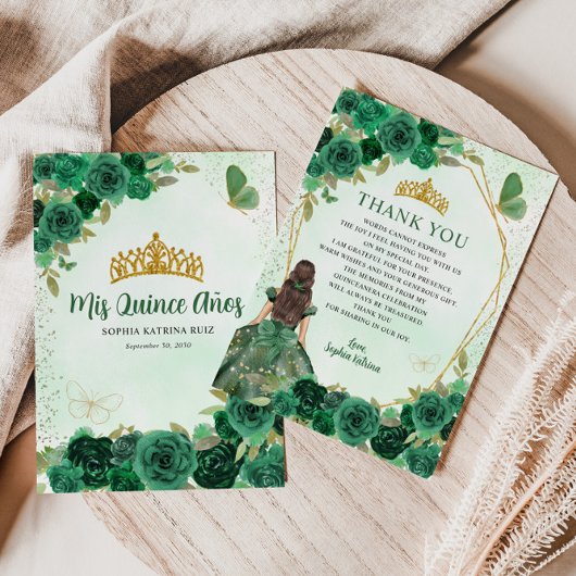 Emerald Green Gold Floral Princess Quinceañera Dankeskarte