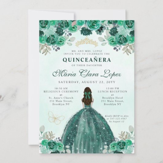 Emerald Green Gold Floral Princess Quinceañera Einladung (Vorderseite)