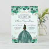 Emerald Green Gold Floral Princess Quinceañera Einladung (Stehend Vorderseite)