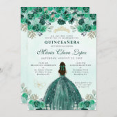 Emerald Green Gold Floral Princess Quinceañera Einladung (Vorne/Hinten)