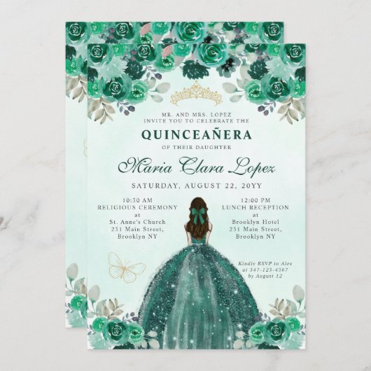 Emerald Green Gold Floral Princess Quinceañera Einladung (Vorne/Hinten)