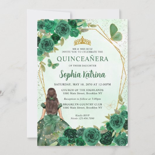Emerald Green Gold Floral Princess Quinceañera Einladung (Vorderseite)