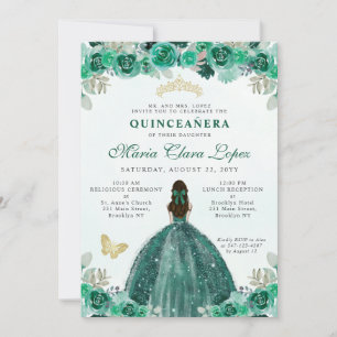 Emerald Green Gold Floral Princess Quinceañera Einladung