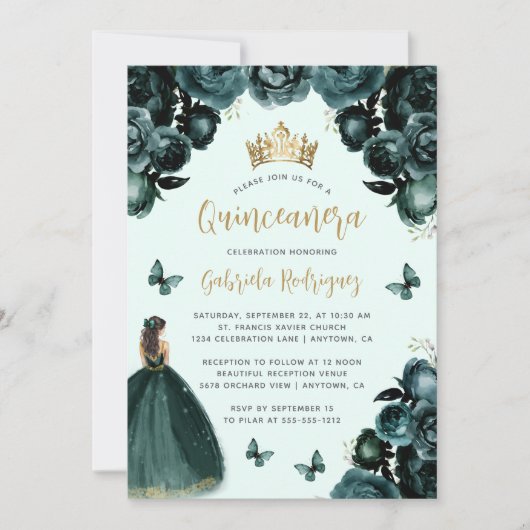 Emerald Green Gold Floral Princess Quinceañera Einladung (Vorderseite)