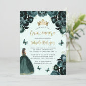 Emerald Green Gold Floral Princess Quinceañera Einladung (Stehend Vorderseite)