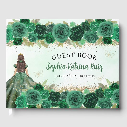 Emerald Green Gold Floral Princess Quinceañera Gästebuch (Vorderseite)