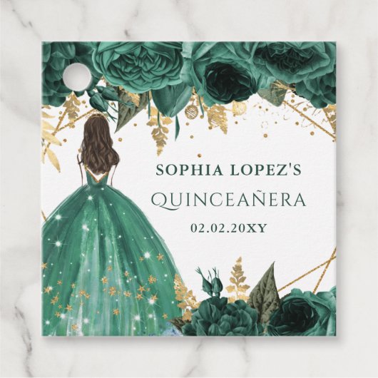 Emerald Green Gold Floral Princess Quinceanera Geschenkanhänger (Vorderseite)