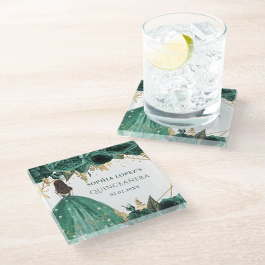 Emerald Green Gold Floral Princess Quinceanera Glasuntersetzer (Schrägansicht)