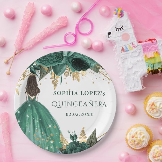 Emerald Green Gold Floral Princess Quinceanera Pappteller (Party)