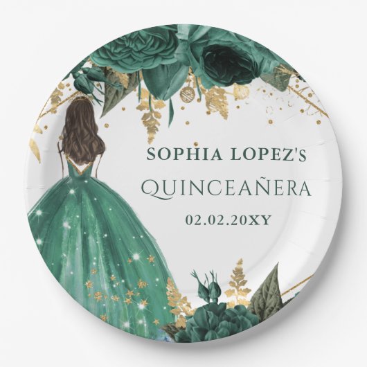 Emerald Green Gold Floral Princess Quinceanera Pappteller (Vorderseite)