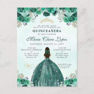 Emerald Green Gold Floral Princess Quinceañera Postkarte