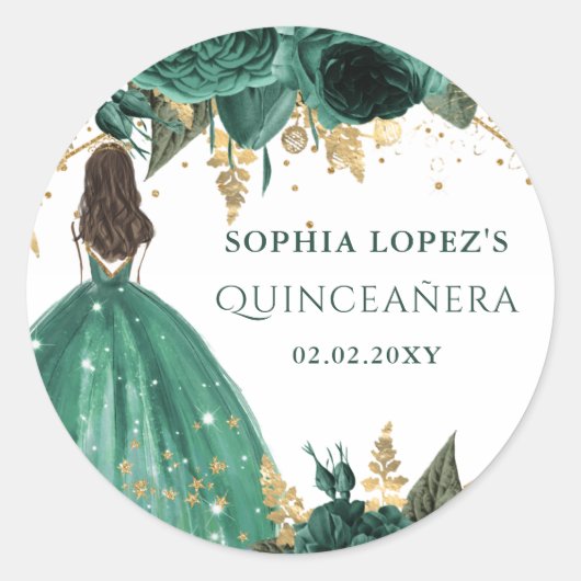 Emerald Green Gold Floral Princess Quinceanera Runder Aufkleber (Vorderseite)