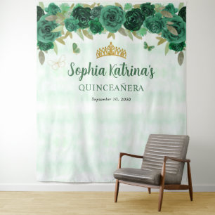 Emerald Green Gold Floral Princess Quinceañera Wandteppich