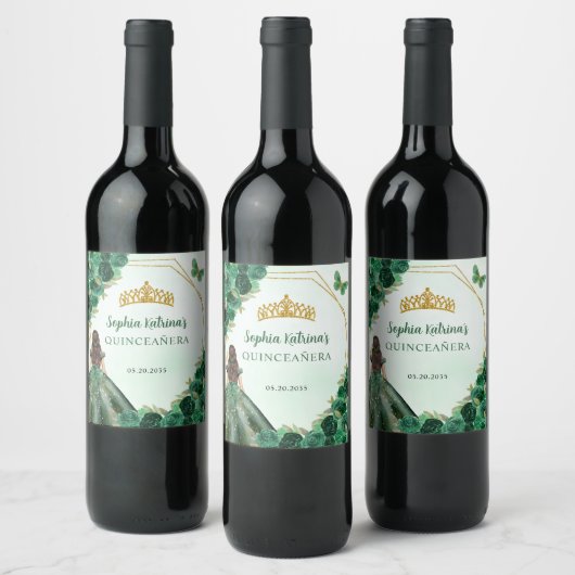 Emerald Green Gold Floral Princess Quinceañera Weinetikett (Flaschen)