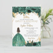 Emerald Green Gold Floral Princess SWEET 16 Einladung (Stehend Vorderseite)