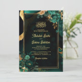 Emerald Green Gold Floral QR Code für muslimische  Einladung (Stehend Vorderseite)