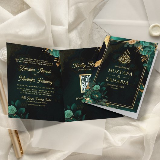 Emerald Green Gold Floral QR Code für muslimische Einladung