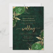 Emerald Green Gold Floral QR Code Hochzeit Einladung (Vorderseite)