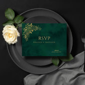 Emerald Green Gold Floral QR Code Wedding RSVP Begleitkarte