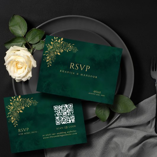 Emerald Green Gold Floral QR Code Wedding RSVP Begleitkarte