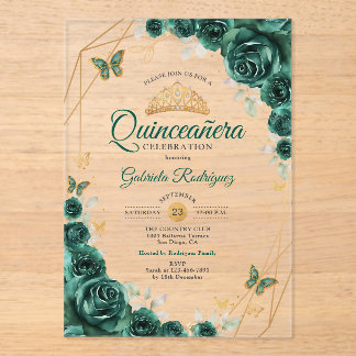 Emerald Green Gold Floral Quinceanera 01 Acryleinladungen