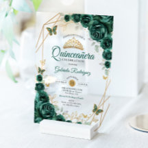 Emerald Green Gold Floral Quinceanera