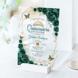 Emerald Green Gold Floral Quinceanera Acryleinladungen