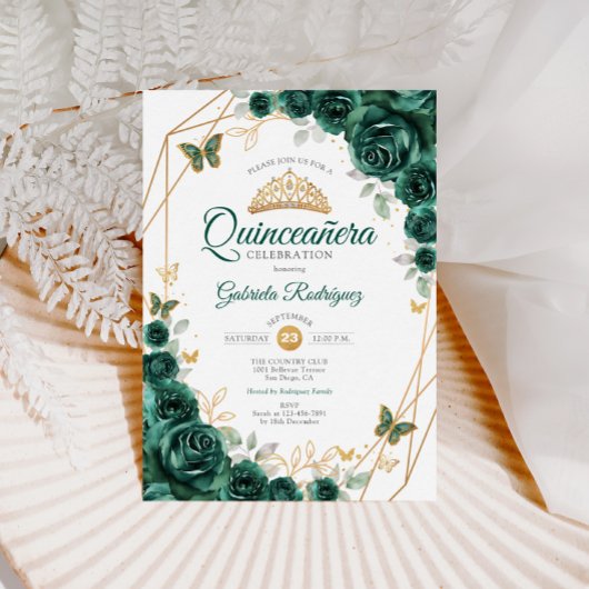 Emerald Green Gold Floral Quinceanera Einladung