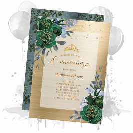 Emerald Green Gold Floral Quinceañera Einladung