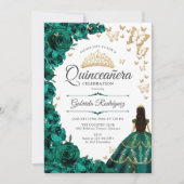 Emerald Green Gold Floral Quinceanera Einladung (Vorderseite)