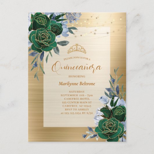 Emerald Green Gold Floral Quinceañera Postkarte (Vorderseite)
