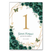 Emerald Green Gold Floral Quinceanera Tischnummer (Vorderseite)