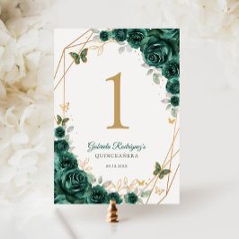 Emerald Green Gold Floral Quinceanera Tischnummer